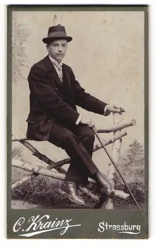 Fotografie C. Krainz, Strassburg, Junger Herr im Anzug sitzt auf einem Zaun
