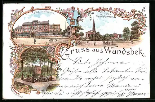 Lithographie Hamburg-Wandsbek, Hotel zum alten Posthause, Marktplatz mit Claudius Gymnasium, Claudius-Denkmal