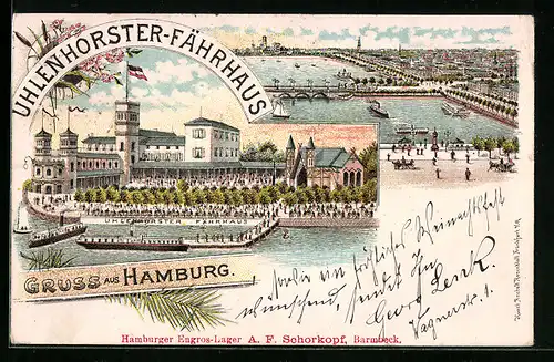 Lithographie Hamburg-Uhlenhorst, Gasthaus Uhlenhorster-Fährhaus, Partie an der Alster