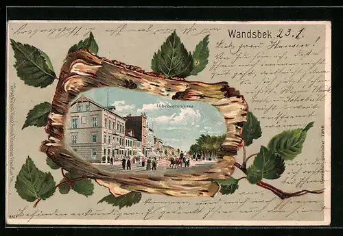 Passepartout-Lithographie Hamburg-Wandsbek, Lübecker Strasse mit Strassenbahn