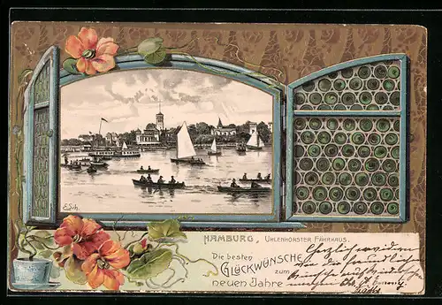 Passepartout-Lithographie Hamburg-Uhlenhorst, Ruderer und Segelboot auf der Alster durch ein Fenster betrachtet