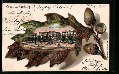 Passepartout-Lithographie Hamburg, Passanten vor dem Kaiser Wilhelm-Denkmal