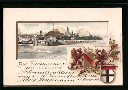Passepartout-Lithographie Konstanz, Uferpartie mit Dampfer, Wappen