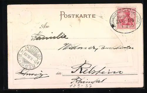 Passepartout-Lithographie Freiburg i. B., Teilansicht mit Kirche im Fächer, Wappen