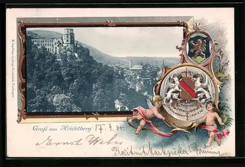 Passepartout-Lithographie Heidelberg, Teilansicht mit Burg, Wappen