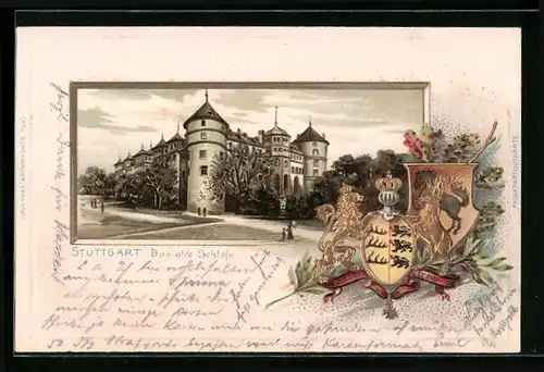 Passepartout-Lithographie Stuttgart, Partie am alten Schloss, Wappen
