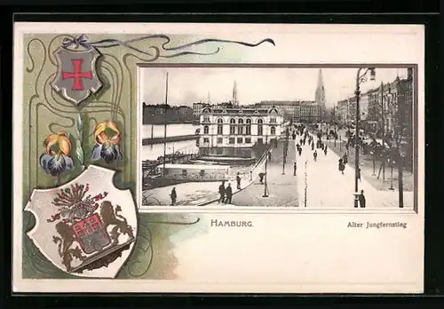 Passepartout-Lithographie Hamburg-Neustadt, Strasse Alter Jungfernstieg mit Passanten, Wappen