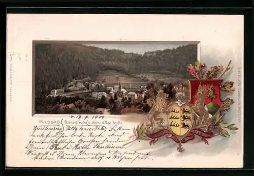 Passepartout-Lithographie Wildbad, Kernerstrasse und obere Olgastrasse, Wappen