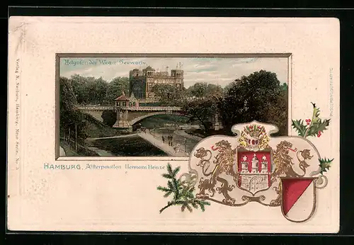 Passepartout-Lithographie Hamburg-St.Pauli, Helgoländer Weg, Seewarte, goldenes Wappen