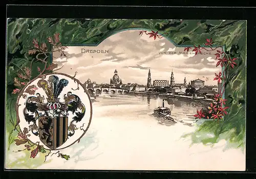 Passepartout-Lithographie Dresden, Uferpartie von der Marienbrücke, Wappen