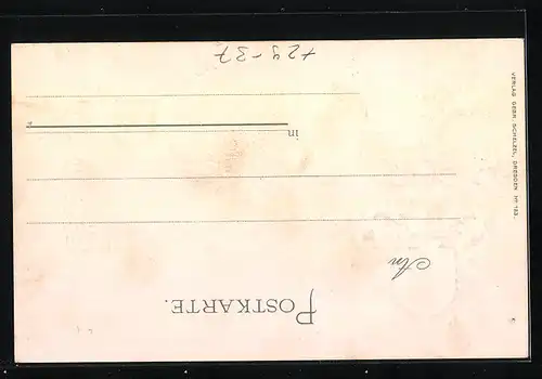 Passepartout-Lithographie Dresden, Uferpartie von der Marienbrücke, Wappen