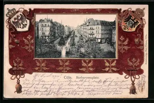 Passepartout-Lithographie Köln-Neustadt, Barbarossaplatz mit Strassenbahn, Wappen