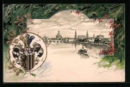 Passepartout-Lithographie Dresden, Teilansicht von der Marienbrücke mit Dampfer, Wappen