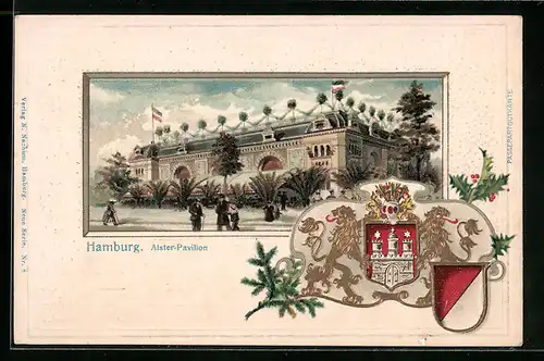 Passepartout-Lithographie Hamburg-Neustadt, Restaurant Alster-Pavillon, Wappen