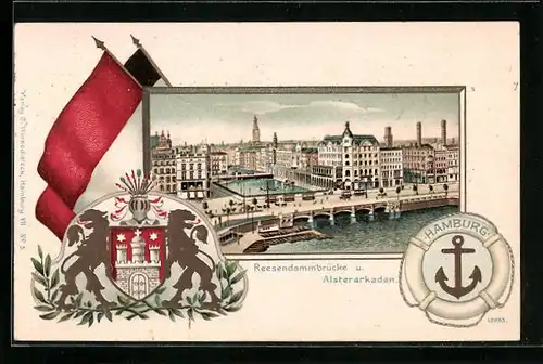 Passepartout-Lithographie Hamburg, Reesendammbrücke und Alsterarkaden, Wappen