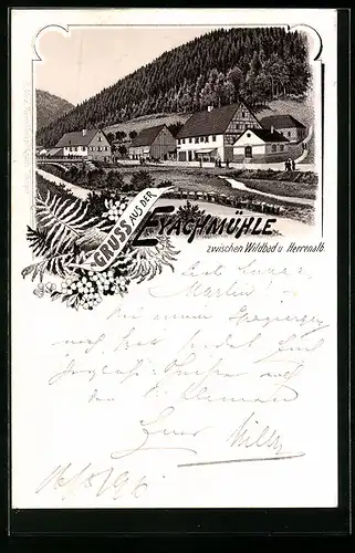 Lithographie Dobel, Gasthaus Eyachmühle mit Wald