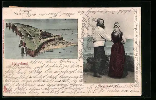 AK Helgoland, Helgoländer tanzt mit Frau, Ortsansicht