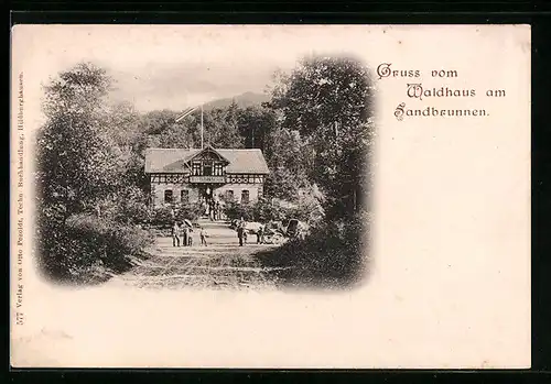 AK Römhild, Waldhaus am Sandbrunnen mit Besuchern und Kutsche