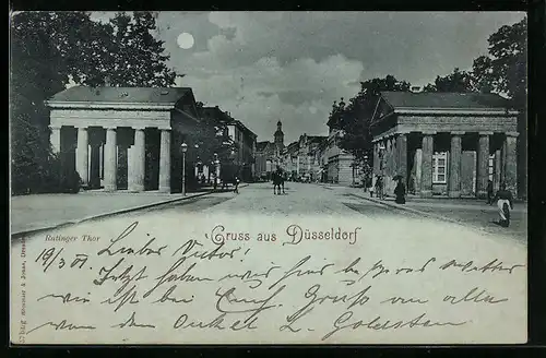 Mondschein-AK Düsseldorf, am Ratinger Thor im Sommer