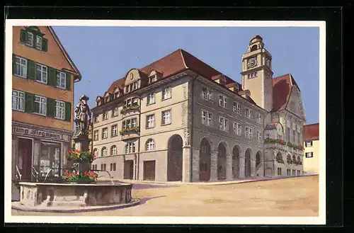 AK Ebingen, Blick auf das Rathaus und Brunnen
