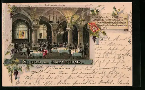Lithographie Hamburg, Innenansicht des Gasthauses Ratswein-Keller