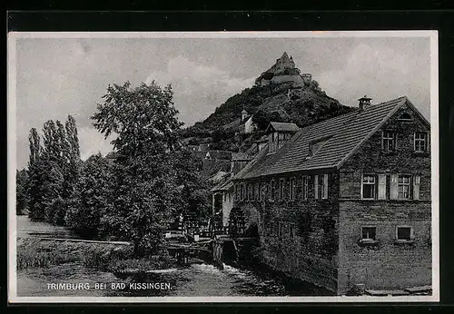 AK Trimburg bei Bad Kissingen, Blick auf die Häuser mit Burg im Hintergrund