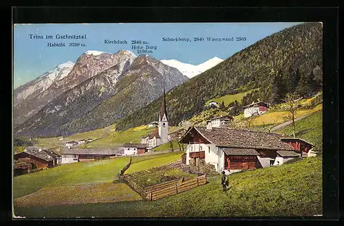 AK Trins im Gschnitztal, Ortsansicht mit Habicht, Kirchdach, Hohe Burg, Schneidersp., Wasenwand