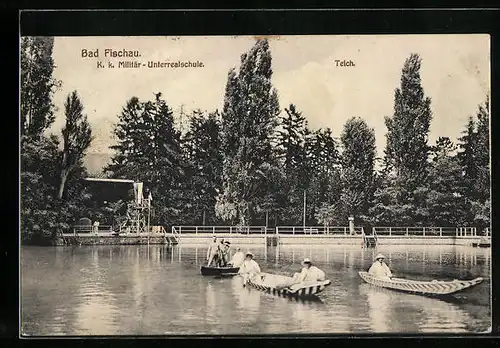 AK Bad Fischau, K. k. Militär-Unterrealschule mit Teich