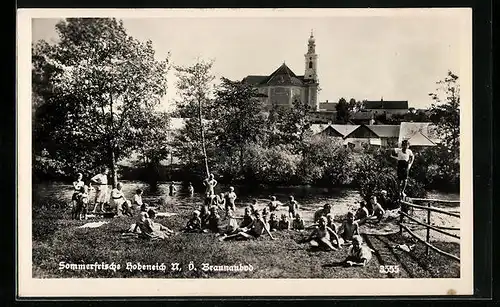 AK Hoheneich, Braunaubad mit Kindern und Ortsansicht