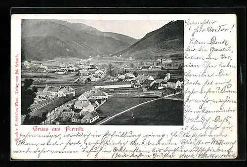 AK Pernitz, Gesamtansicht aus der Vogelschau, mit Bergblick