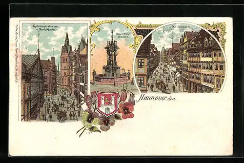 Lithographie Hannover, Kobelingerstrasse mit Marktkirche, Oscar Winter-Brunnen, Marktstrasse