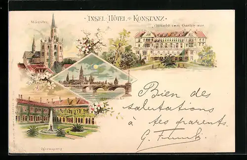 Lithographie Konstanz, Münster, Rheinbrücke, Kreuzgang, Insel-Hotel