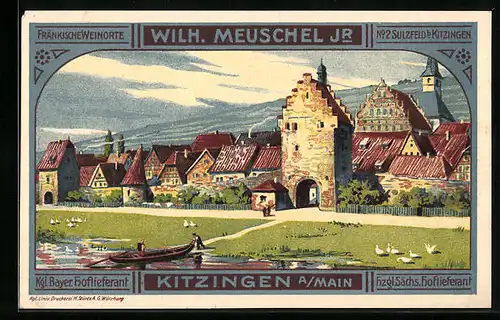 Künstler-AK Kitzingen a. Main, Weingut Wilh. Meuschel, Ortsansicht