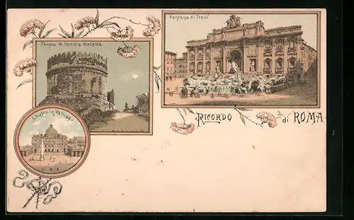 Lithographie Roma, Tomba di Gecilia Metella, Fontana di Trevi