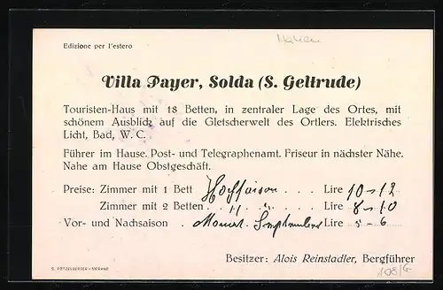 AK Solda /S. Geltrude, Villa Payer, Bes. Alois Reinstadler