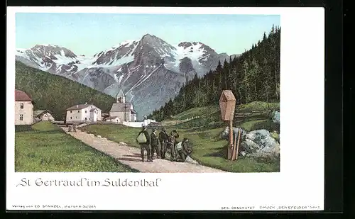 AK St. Gertraud im Suldenthal, Wanderer am Ortsrand