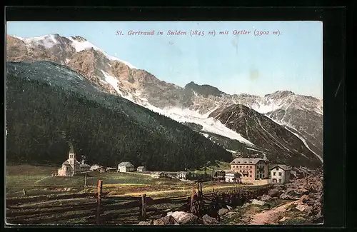AK St. Gertraud in Sulden, Ansicht gegen Ortler