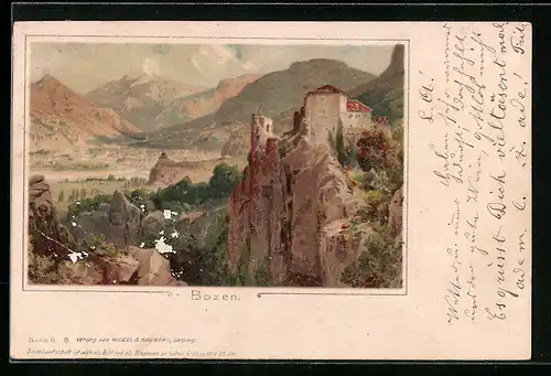 Lithographie Bozen, Die Haselburg (Schloss Khuepach) gegen die Sarnerscharte