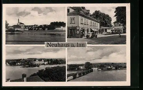 AK Neuhaus a. Inn, Strassenpartie mit Tankstelle, Brücke, Uferpartie