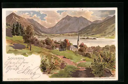 Lithographie Schliersee, Totalansicht mit Gebirgswand