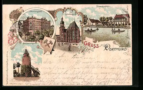 Lithographie Dortmund, Buschmühle, Oberbergamt und Steinernthurm