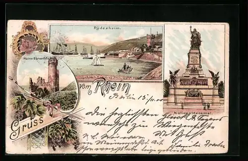 Lithographie Rüdesheim a. Rh., Ruine Ehrenfels, Nationaldenkmal, Teilansicht mit Flusspartie und Schiffen