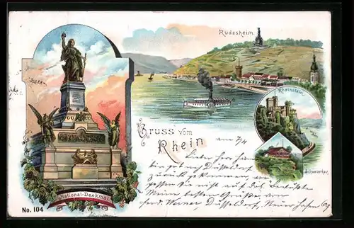 Lithographie Rüdesheim / Rhein, National-Denkmal, Schweizerhaus, Rheinstein