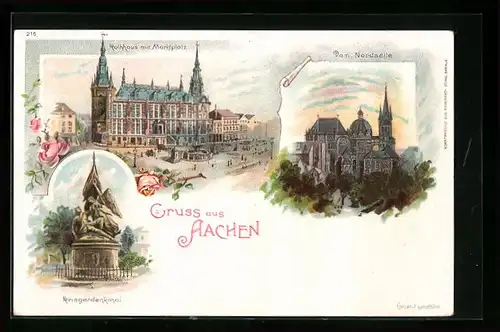 Lithographie Aachen, Rathaus mit Marktplatz, Dom Nordseite, Kriegerdenkmal