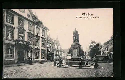 AK Offenburg, Rathaus mit Drake-Denkmal