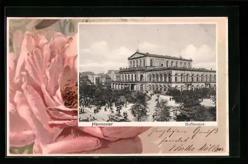 AK Hannover, Blick auf das Hoftheater mit Rosenblüte