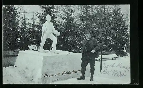 AK Georgengrün i. S., Hotel und Pension Waldschuster mit Schneefigur