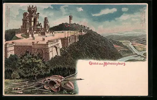 Lithographie Hohensyburg, Denkmal auf dem Berg mit Talblick