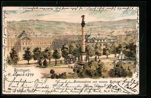 Lithographie Stuttgart, Schlossplatz mit neuem Schloss