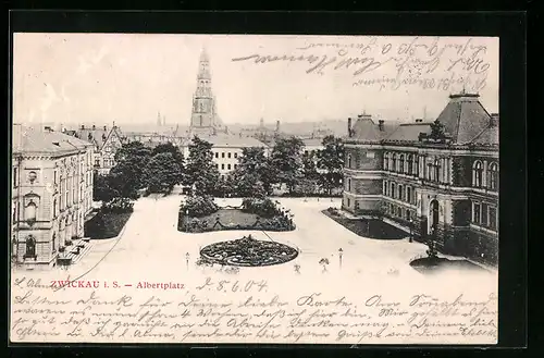 AK Zwickau i. S., Albertplatz mit Kirche, Prachthäusern und Rabatten